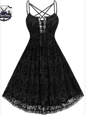 Plus Size Gothic Backless Mesh Midi Dress with Spaghetti Straps